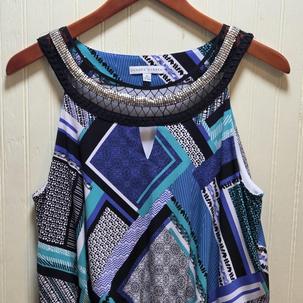 Sandra Darren Dress Womens 10 Blue Geometric Beaded Blouson Knee Length Sundress